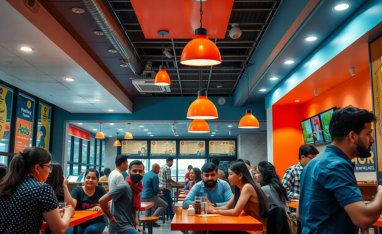 Interior of a bar with brown leather seating, round tables, and large windows showing outdoor view