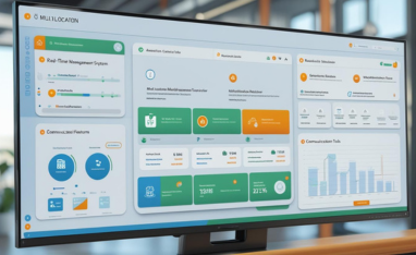 Woman working on laptop in bar with red sofa background