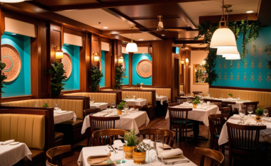 Interior of a bar with brown leather seating, round tables, and large windows showing outdoor view