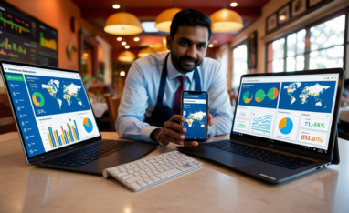 Man using tablet at bar with POS system