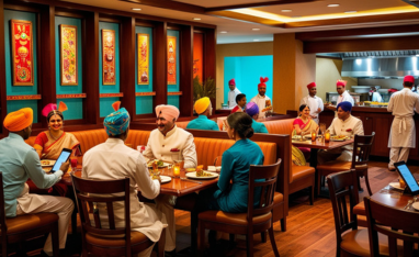 Woman working on laptop in bar with red sofa background